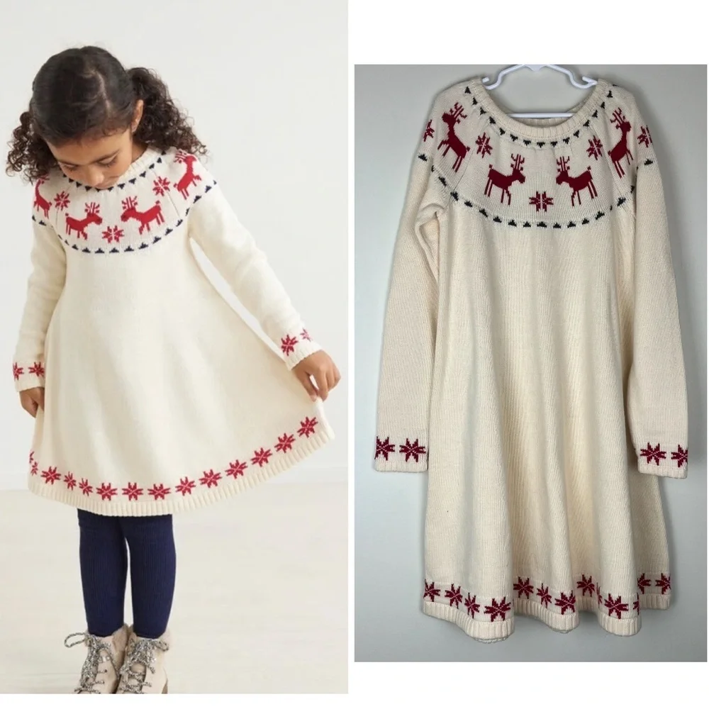 Hanna Andersson Dear Deer Fair Isle Reindeer Christmas Sweater Dress size 10